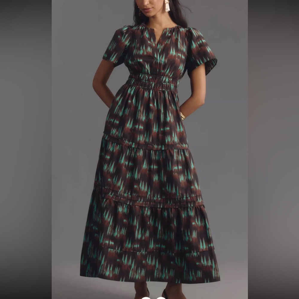Anthropologie Brown and Teal Printed Maxi Dress